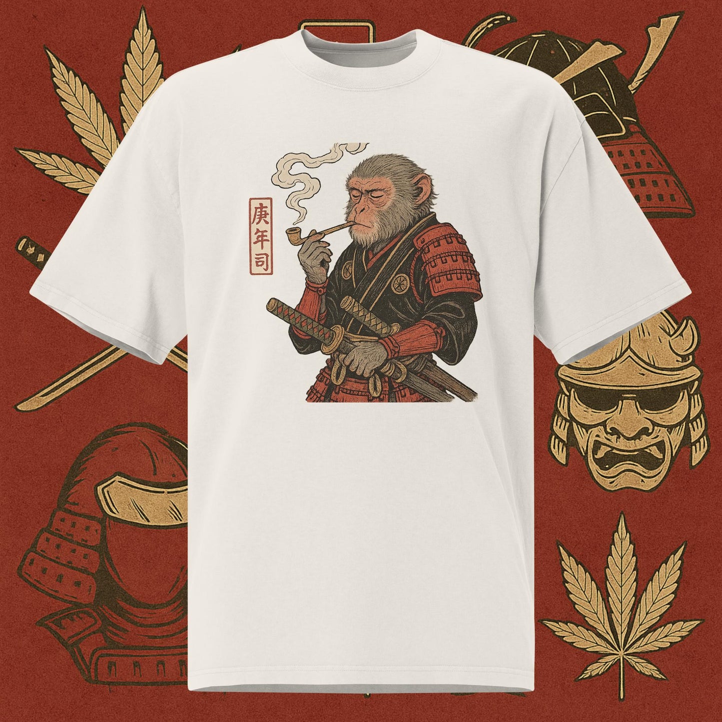 Chill Monkey oversized tee “Warrior Leaf” streetwear 420 with samurai monkey smoking cannabis, DTG print, white color.