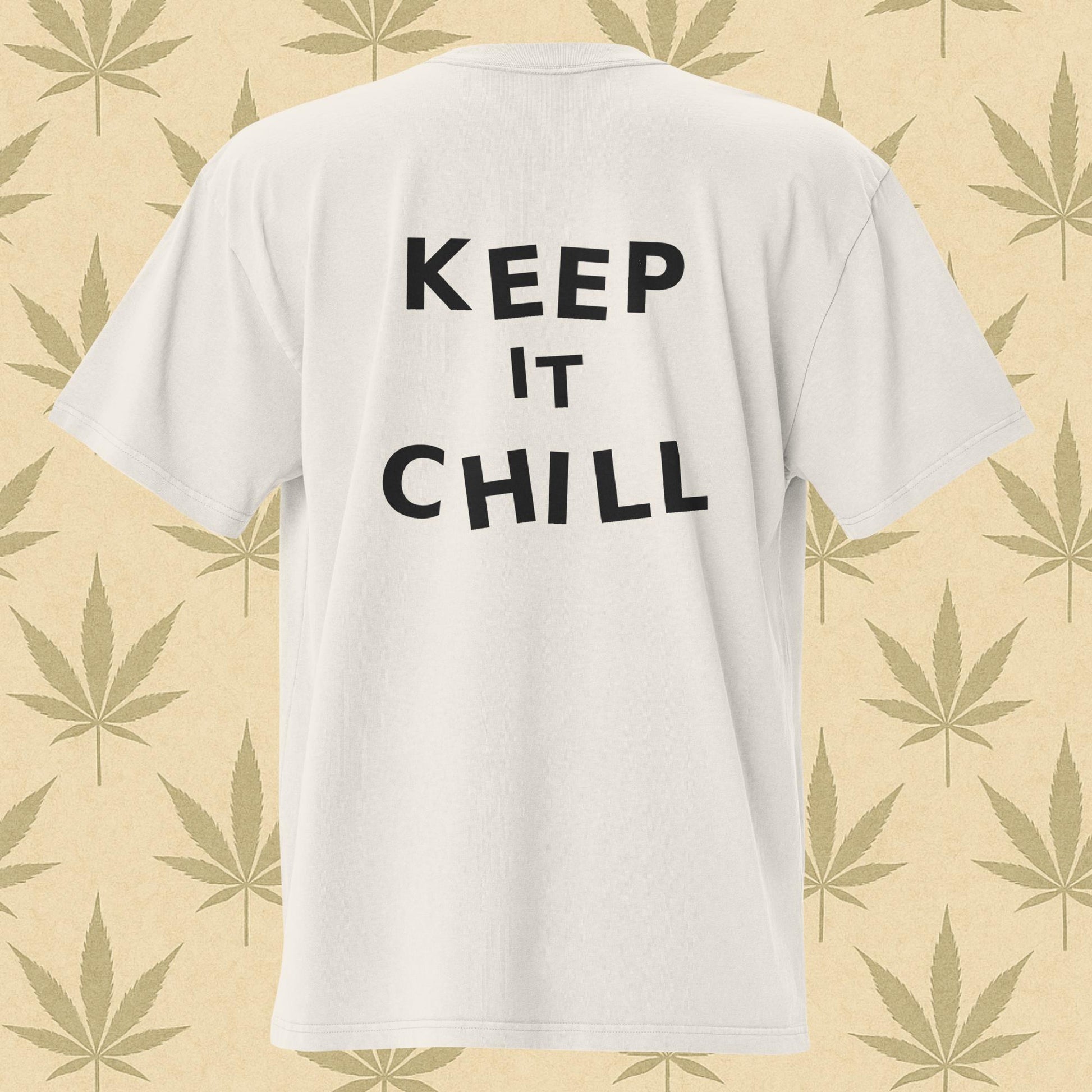 Oversized faded bone-white weed 420 T-shirt with watercolor cannabis bonsai graphic on the front and bold “KEEP IT CHILL” text on the back, perfect stoner streetwear.