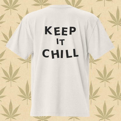 Oversized faded bone-white weed 420 T-shirt with watercolor cannabis bonsai graphic on the front and bold “KEEP IT CHILL” text on the back, perfect stoner streetwear.