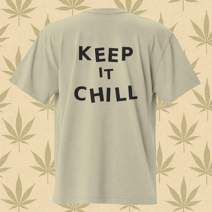 Oversized faded bone-eucalyptus weed 420 T-shirt with watercolor cannabis bonsai graphic on the front and bold “KEEP IT CHILL” text on the back, perfect stoner streetwear.