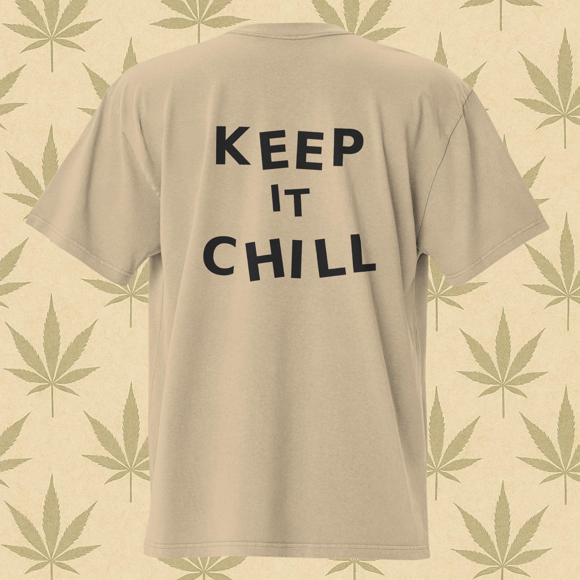 Oversized faded bone-khaki weed 420 T-shirt with watercolor cannabis bonsai graphic on the front and bold “KEEP IT CHILL” text on the back, perfect stoner streetwear.