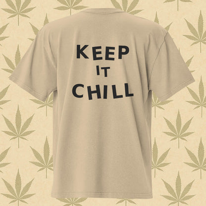 Oversized faded bone-khaki weed 420 T-shirt with watercolor cannabis bonsai graphic on the front and bold “KEEP IT CHILL” text on the back, perfect stoner streetwear.