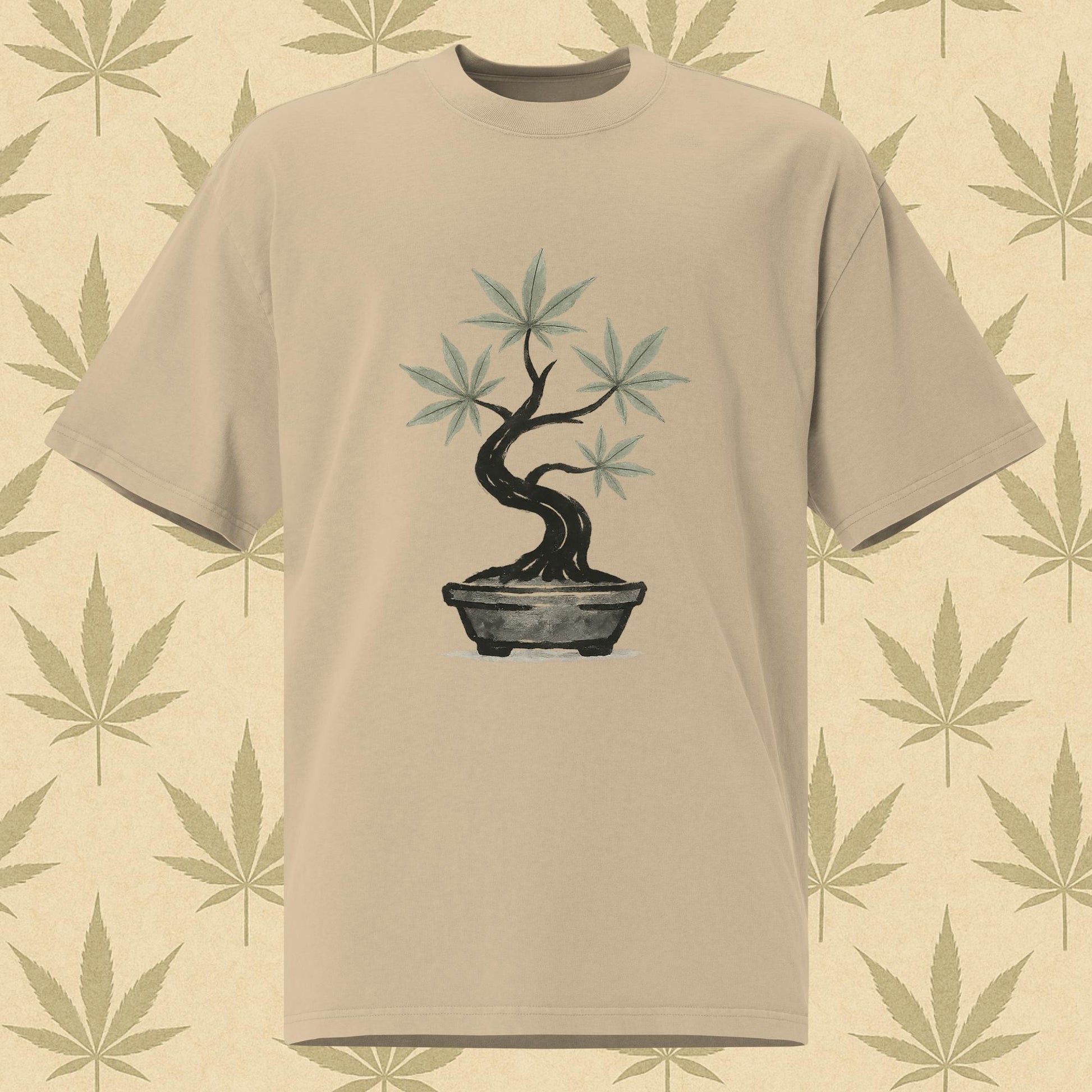 Oversized faded bone-khaki weed 420 T-shirt with watercolor cannabis bonsai graphic on the front and bold “KEEP IT CHILL” text on the back, perfect stoner streetwear.