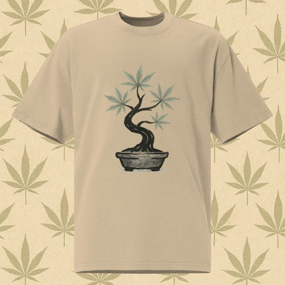 Oversized faded bone-khaki weed 420 T-shirt with watercolor cannabis bonsai graphic on the front and bold “KEEP IT CHILL” text on the back, perfect stoner streetwear.