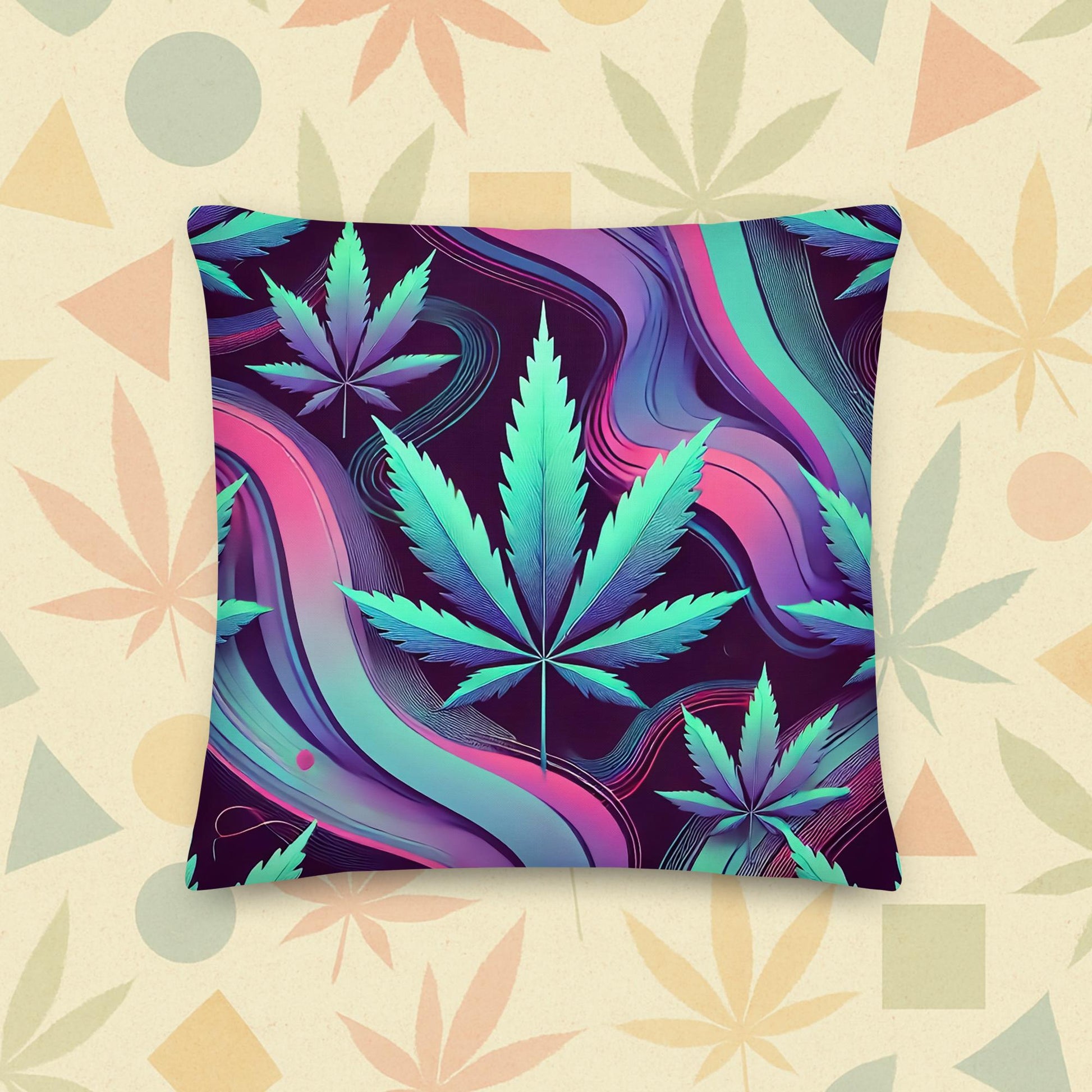 Chill Monkey premium pillow with psychedelic neon cannabis leaves swirling in purple-turquoise waves, 420 home décor accent, 18×18 in front view.