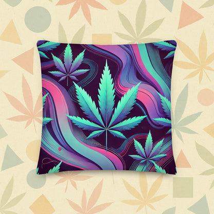 Chill Monkey premium pillow with psychedelic neon cannabis leaves swirling in purple-turquoise waves, 420 home décor accent, 18×18 in front view.