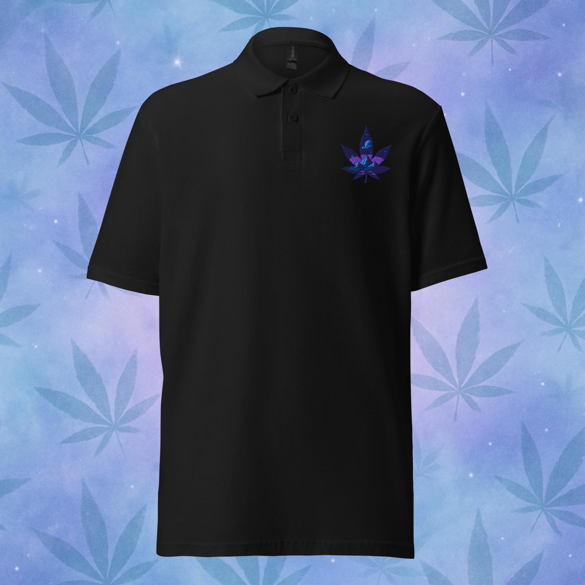 Chill Monkey piqué polo shirt “Galaxy Leaf” cannabis 420 streetwear with embroidered blue leaf logo, front view, black color.