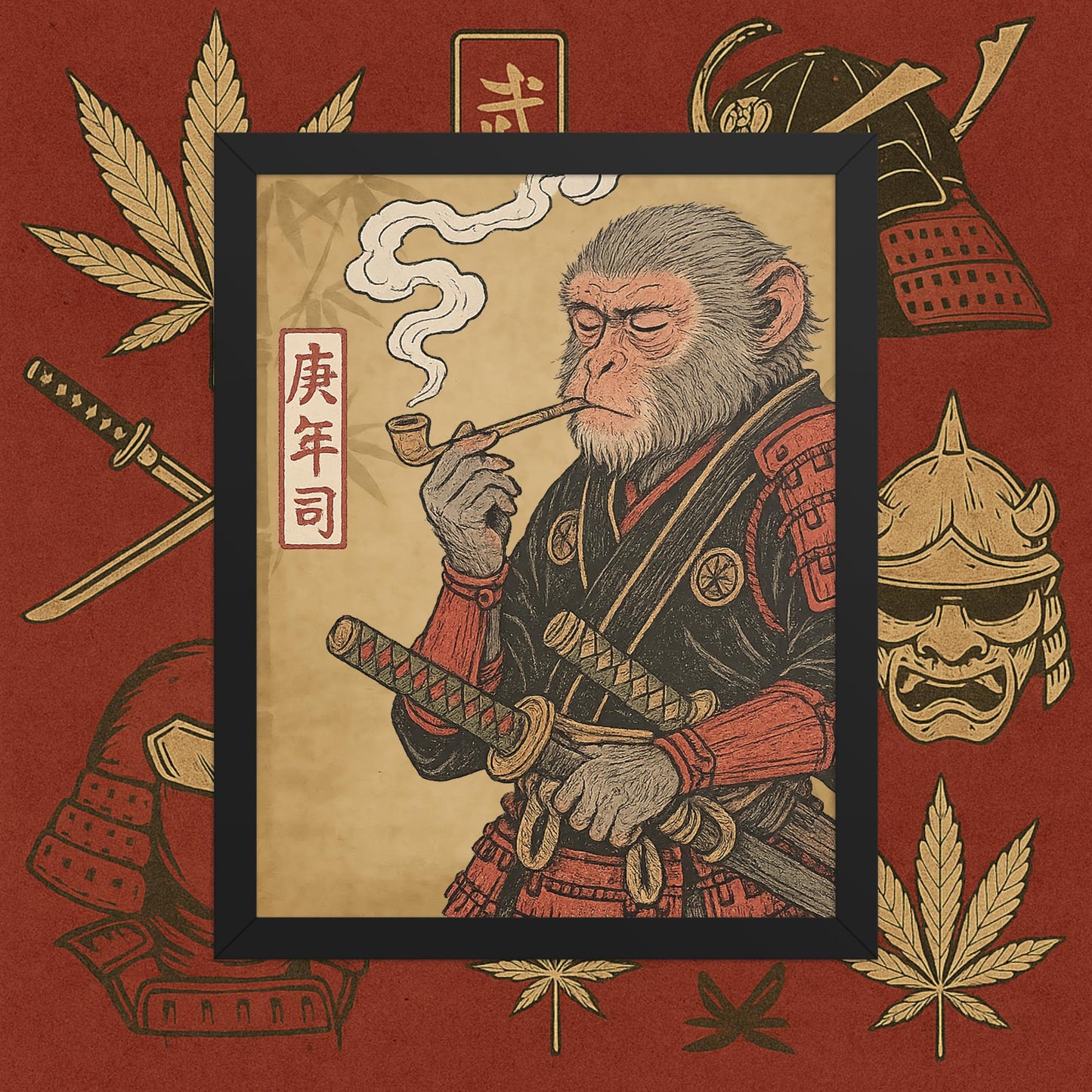 Chill Monkey framed poster “Warrior Leaf” wall art featuring samurai monkey smoking cannabis, black frame, 11x14 inch print.