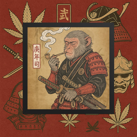 Chill Monkey framed poster “Warrior Leaf” wall art featuring samurai monkey smoking cannabis, black frame, 14×14 inch print.