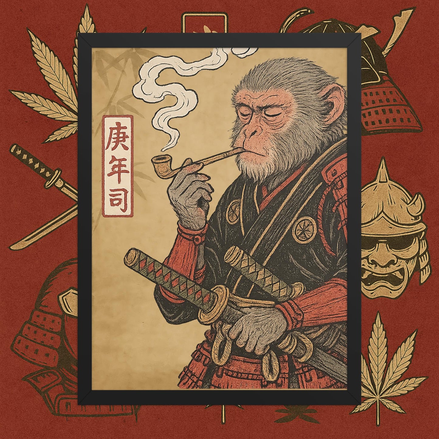 Chill Monkey framed poster “Warrior Leaf” wall art featuring samurai monkey smoking cannabis, black frame, 18×24 inch print.