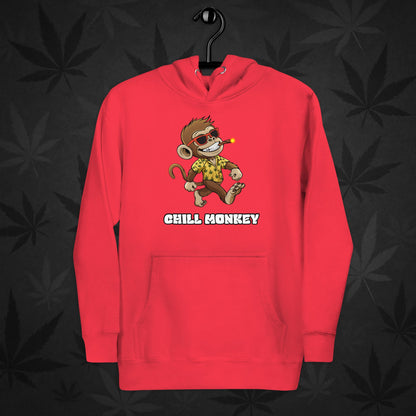 Red hoodie with smoking cartoon monkey – Chill Monkey 420 streetwear design
