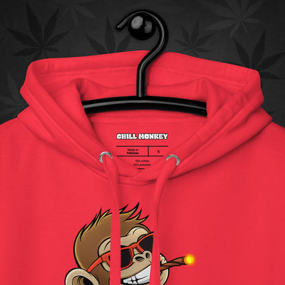 Red hoodie with smoking cartoon monkey – Chill Monkey 420 streetwear design

