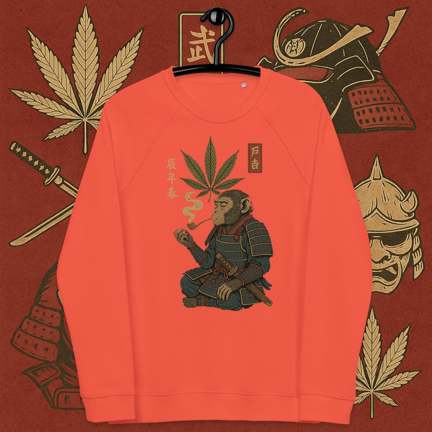 salmon sweatshirt featuring samurai smoking with cannabis leaf – 420 Bushido weed vibes streetwear
