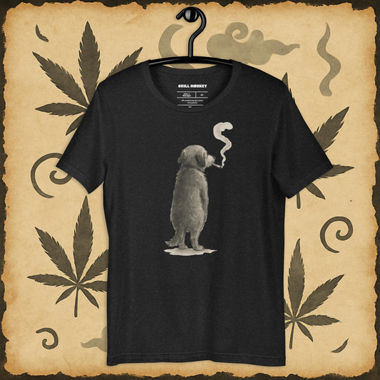 Relaxed fit black t-shirt with sumi-e dog blowing smoke – Chill Monkey cannabis streetwear