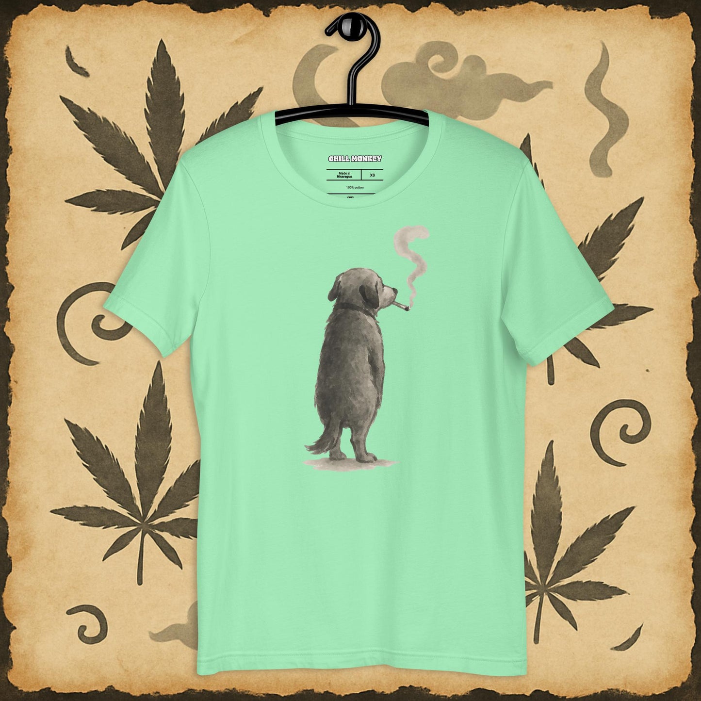 Relaxed fit light green t-shirt with sumi-e dog blowing smoke – Chill Monkey cannabis streetwear


