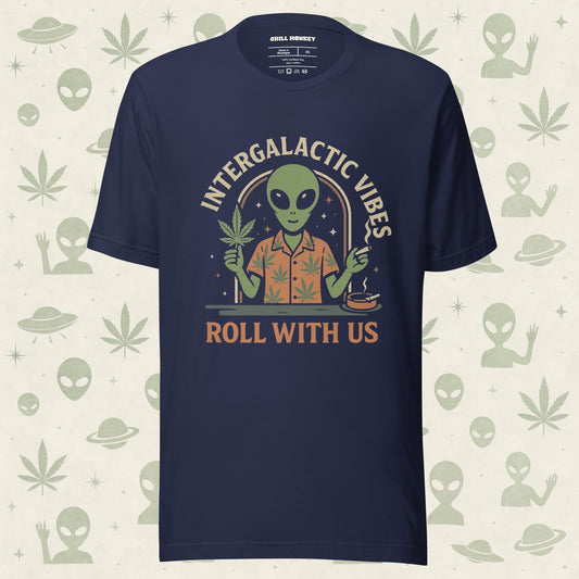 Chill Monkey unisex tee “Alien Weed” streetwear 420 featuring alien holding cannabis leaf and joint, front print view, navy color.