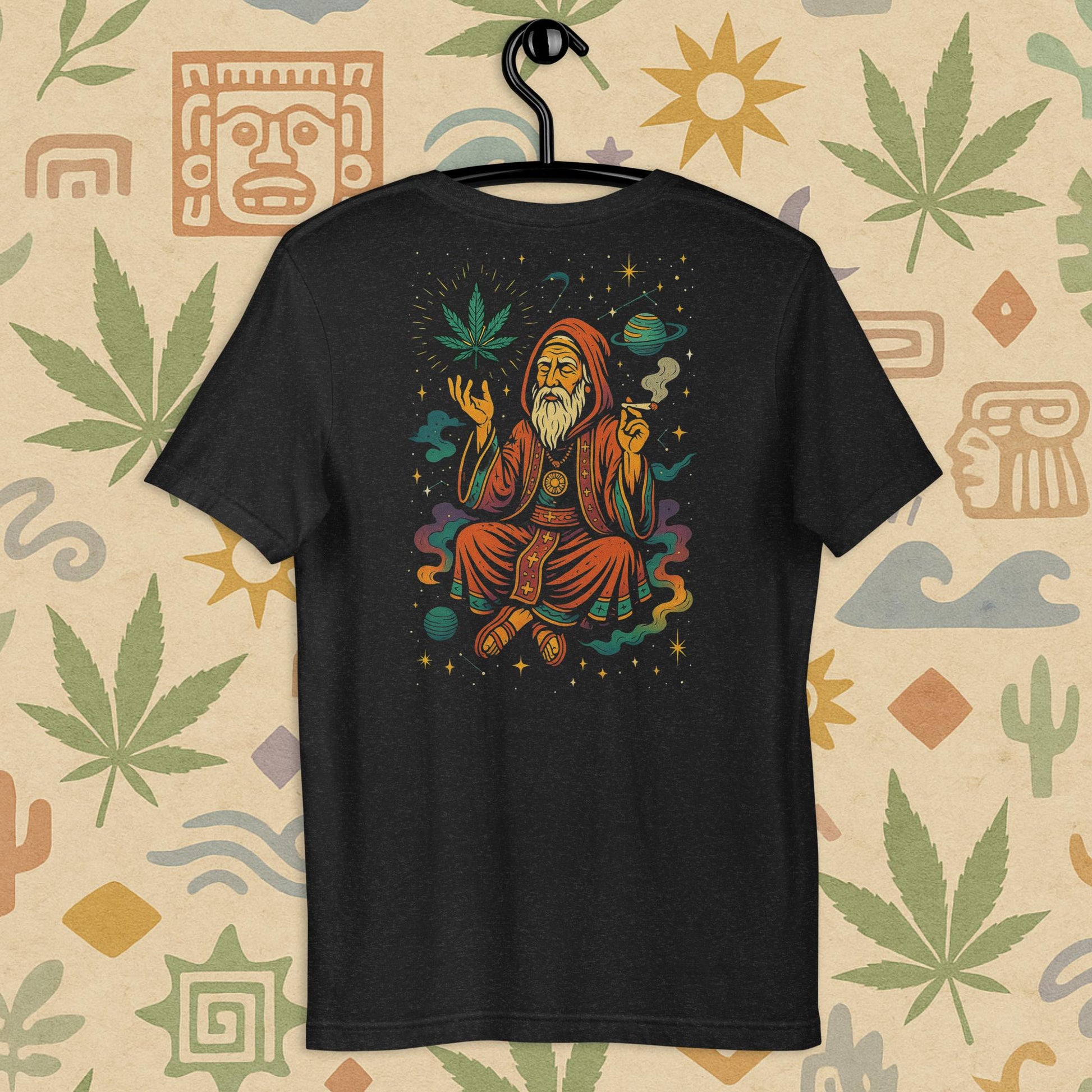 Chill Monkey unisex tee “Cosmic Wizard” streetwear 420 featuring meditating wizard, glowing cannabis leaf and space motifs, back print view, black color.