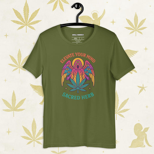 Chill Monkey unisex tee “Elevate Your Mind – Sacred Herb” streetwear 420 with psychedelic bird and cannabis leaf, front print view, olive color.