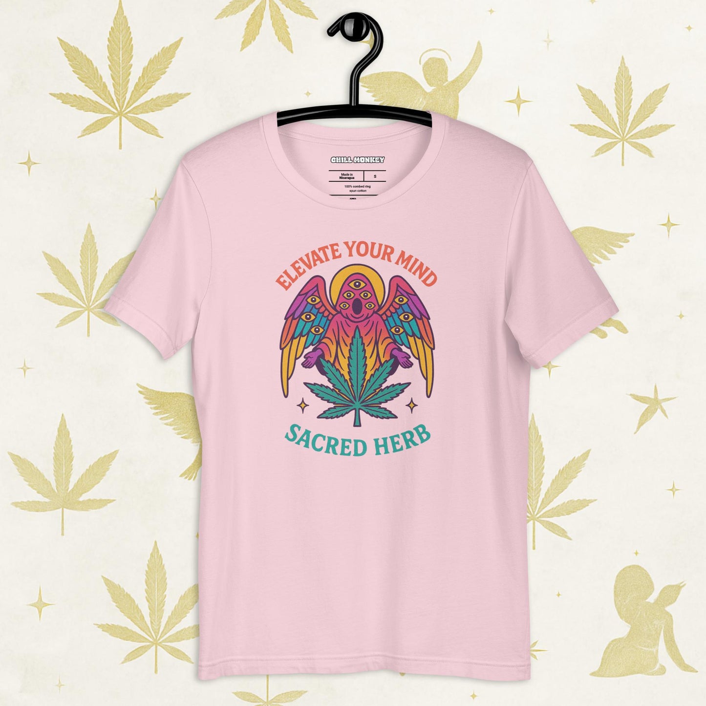 Chill Monkey unisex tee “Elevate Your Mind – Sacred Herb” streetwear 420 with psychedelic bird and cannabis leaf, front print view, pink color.