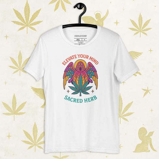 Chill Monkey unisex tee “Elevate Your Mind – Sacred Herb” streetwear 420 with psychedelic bird and cannabis leaf, front print view, white color.
