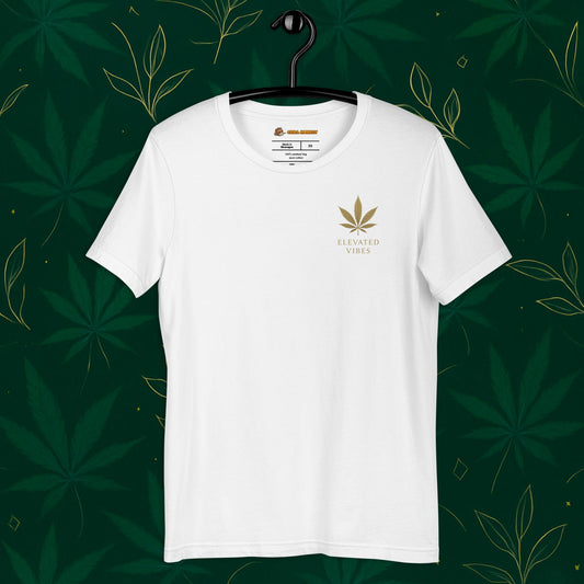 Chill Monkey unisex tee “Elevated Vibes” minimalist cannabis leaf chest logo, streetwear 420 style, front view, white color.