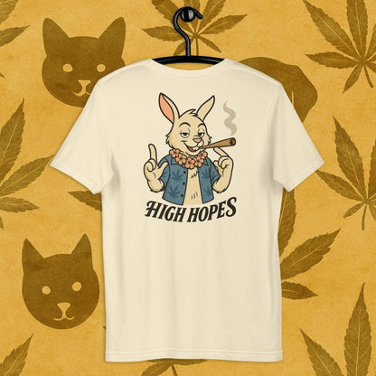Chill Monkey unisex tee “High Hopes” streetwear 420 with cartoon bunny smoking cannabis joint, back print view, beige color.