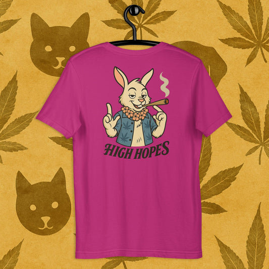 Chill Monkey unisex tee “High Hopes” streetwear 420 with cartoon bunny smoking cannabis joint, back print view, berry color.