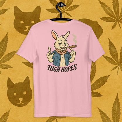 Chill Monkey unisex tee “High Hopes” streetwear 420 with cartoon bunny smoking cannabis joint, back print view, pink color.