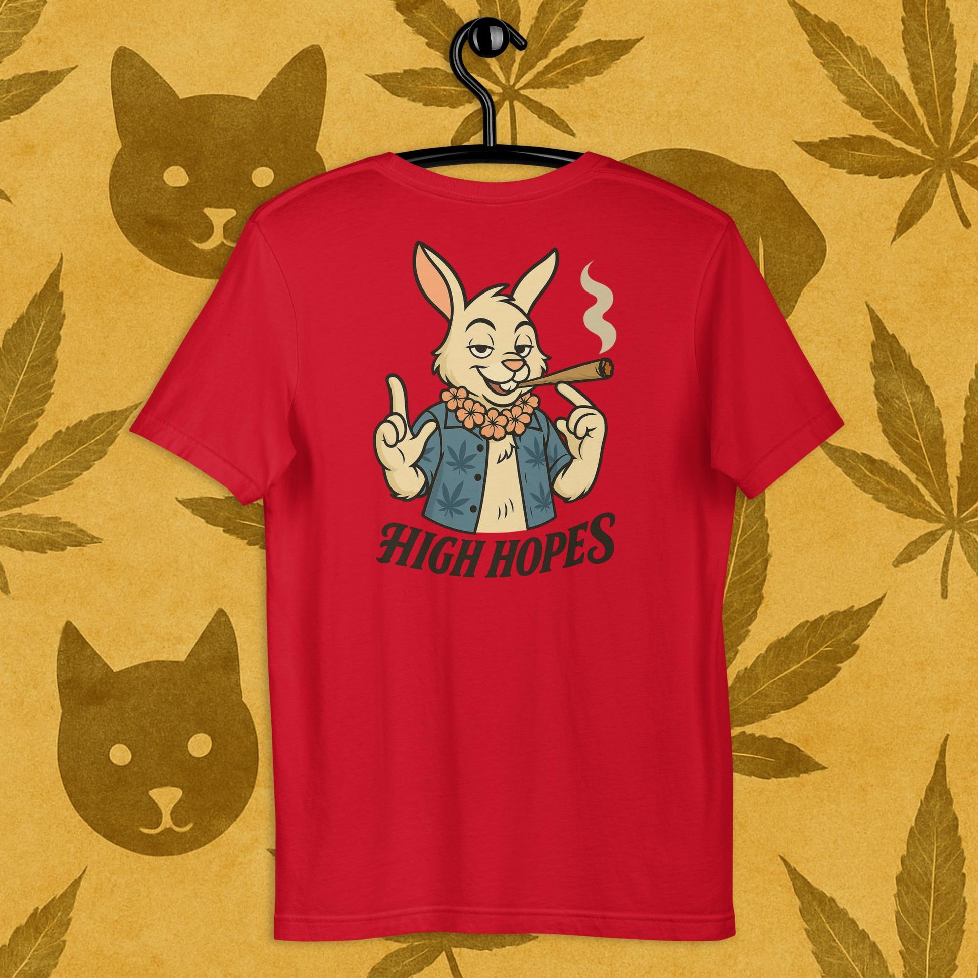 Chill Monkey unisex tee “High Hopes” streetwear 420 with cartoon bunny smoking cannabis joint, back print view, red color.