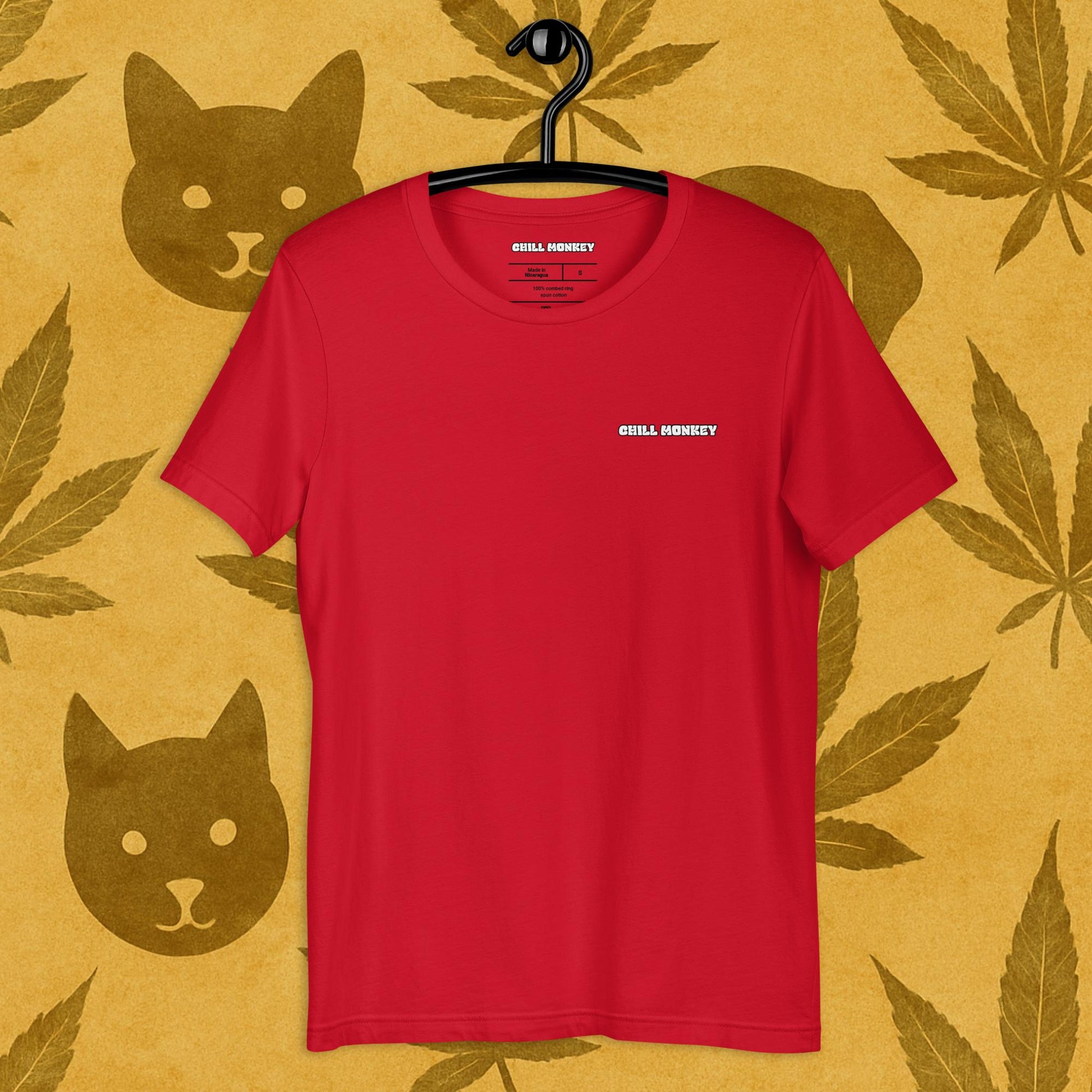 Chill Monkey unisex tee label "chill monkey" streetwear 420 front print view, red color.