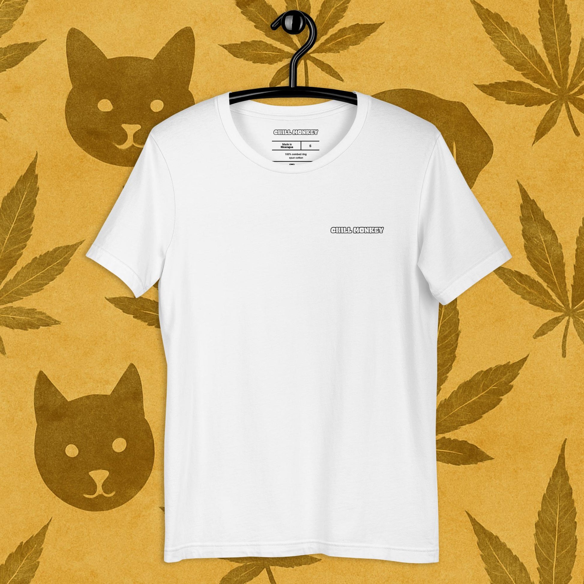 Chill Monkey unisex tee label "chill monkey" streetwear 420 front print view, white color.