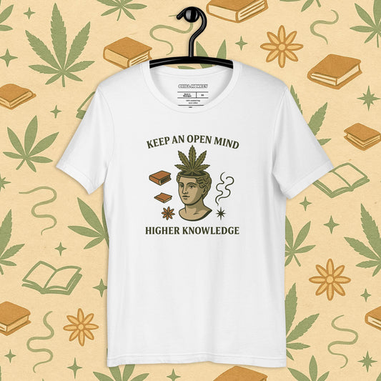 Chill Monkey unisex tee “Keep an Open Mind – Higher Knowledge” streetwear 420 featuring classical bust with cannabis leaf, front print view, white color.
