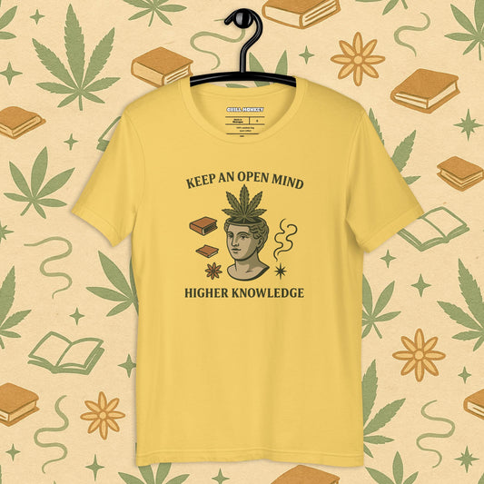 Chill Monkey unisex tee “Keep an Open Mind – Higher Knowledge” streetwear 420 featuring classical bust with cannabis leaf, front print view, yellow color.