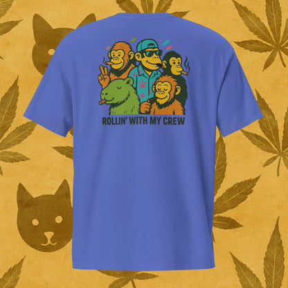 Chill Monkey unisex pocket tee “Rollin’ with My Crew” streetwear 420 featuring cartoon monkeys smoking cannabis, back print view, garment-dyed blue color.