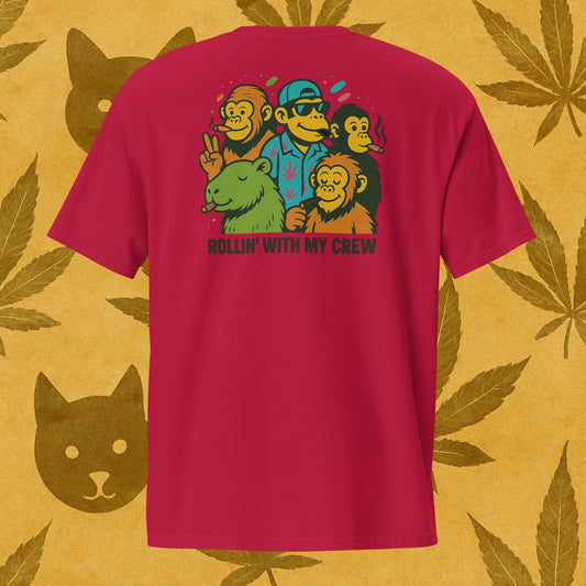 Chill Monkey unisex pocket tee “Rollin’ with My Crew” streetwear 420 featuring cartoon monkeys smoking cannabis, back print view, garment-dyed red color.