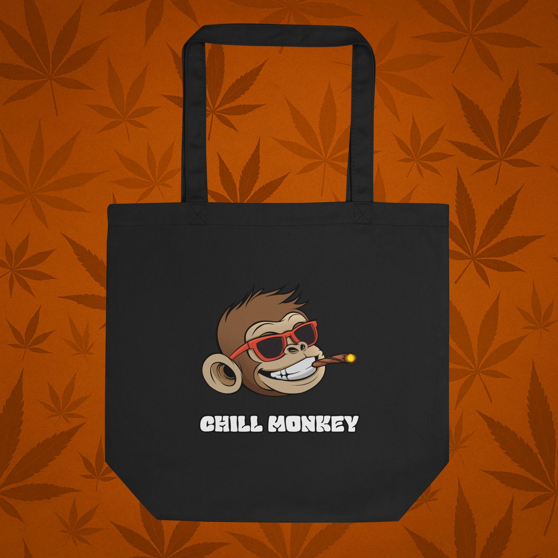 Chill Monkey eco tote bag with Chill Monkey mascot smoking cannabis joint, streetwear 420 logo, front view, black color.