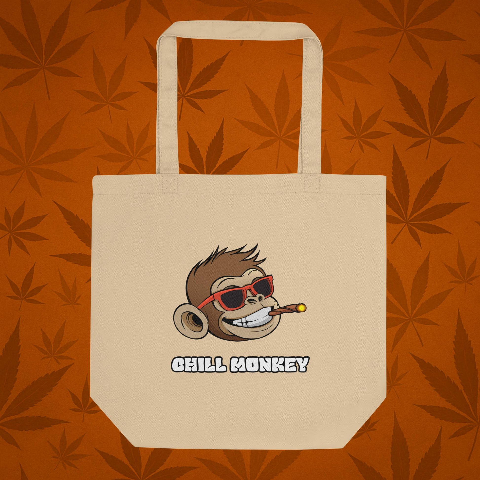Chill Monkey eco tote bag with Chill Monkey mascot smoking cannabis joint, streetwear 420 logo, front view, sand color.