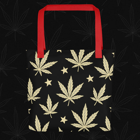 Chill Monkey tote bag with all-over gold cannabis leaves and stars, streetwear 420 style, 15×15 inch front view, red base.