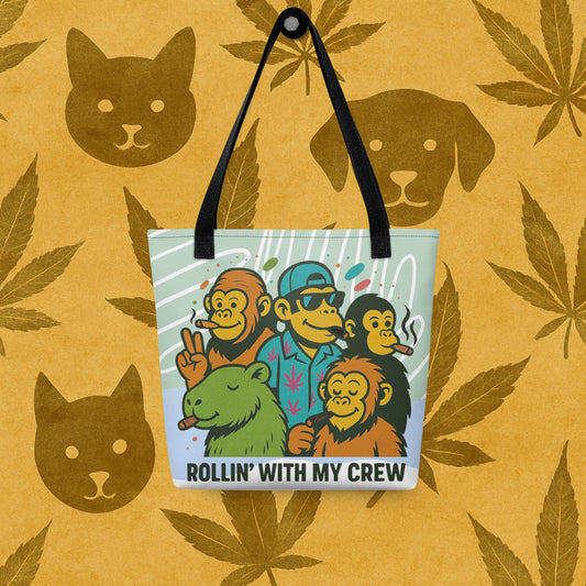 Chill Monkey all-over print tote bag “Rollin’ with My Crew” cannabis 420 streetwear with cartoon monkeys smoking, black straps, 15×15 inch front view.