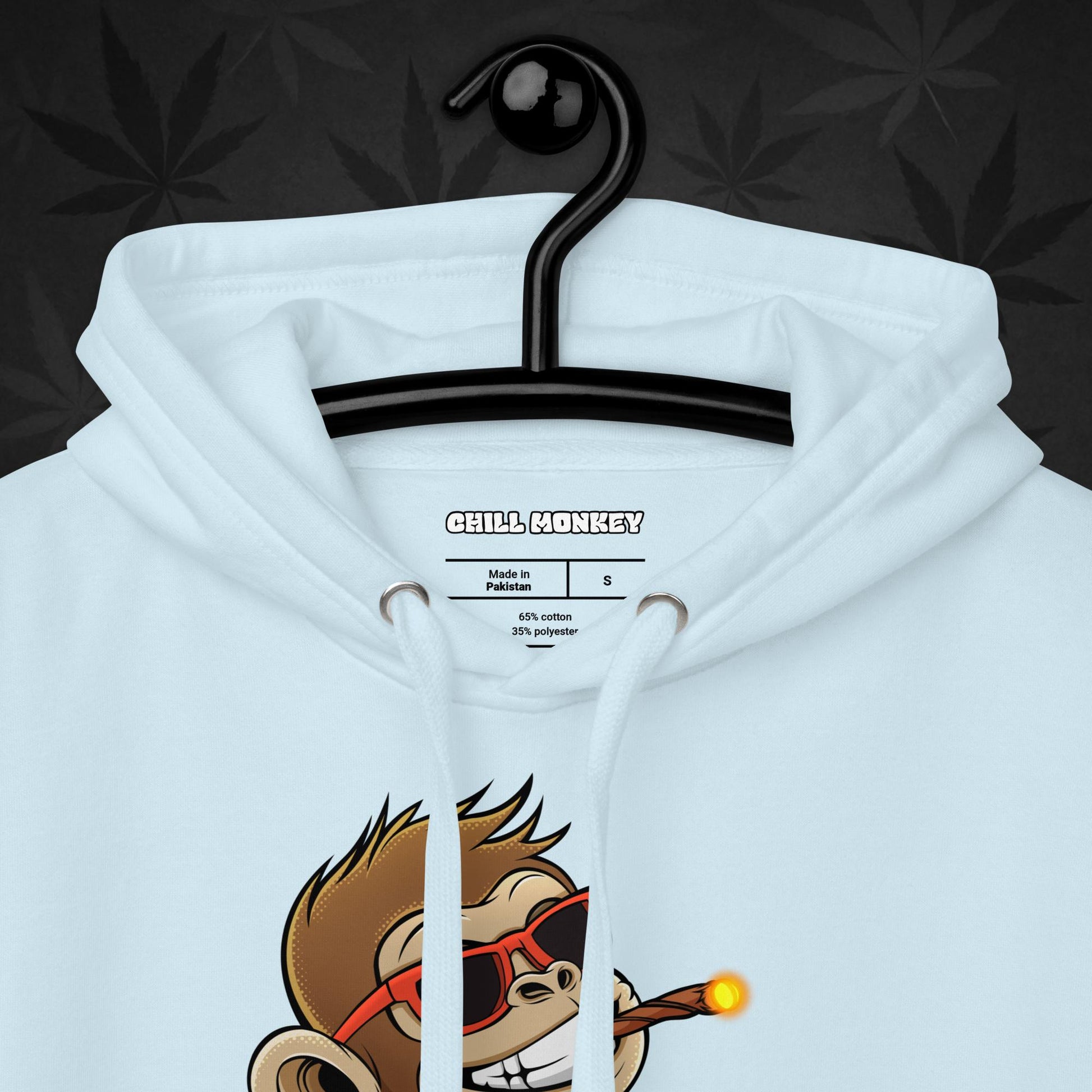 Blue hoodie with smoking cartoon monkey – Chill Monkey 420 streetwear design
