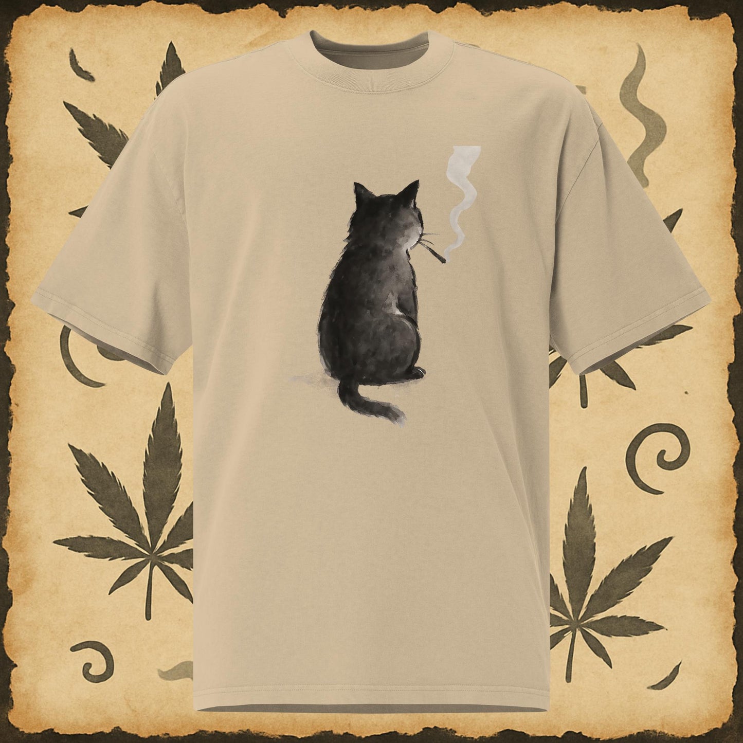 Oversized khaki t-shirt with black smoking cat design – Chill Monkey 420 streetwear