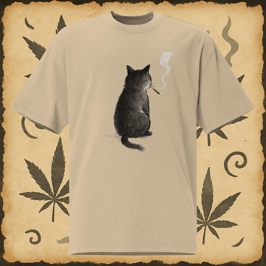 Oversized khaki t-shirt with black smoking cat design – Chill Monkey 420 streetwear
