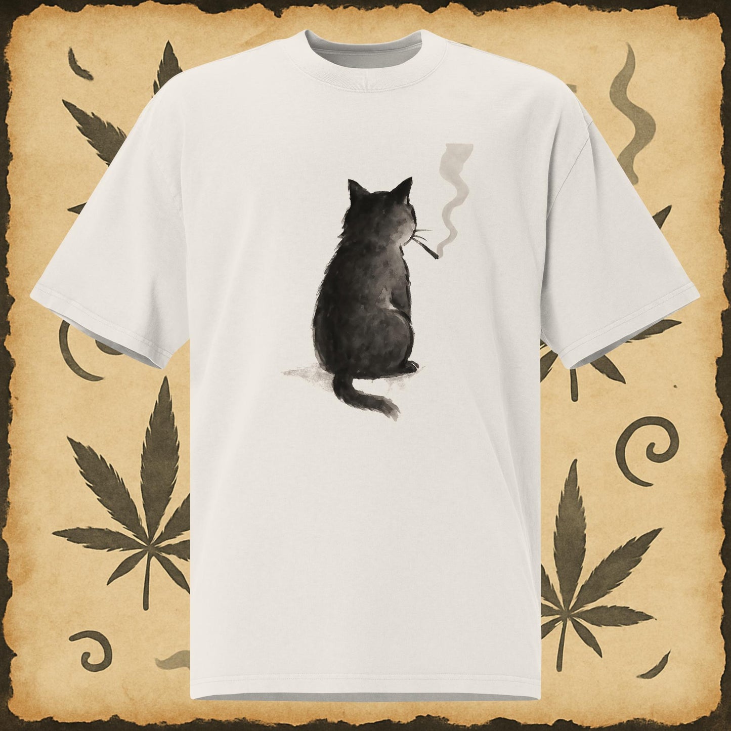 White tee with black cat smoking joint artwork – Chill Monkey weed apparel