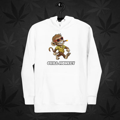 White hoodie with smoking cartoon monkey – Chill Monkey 420 streetwear design
