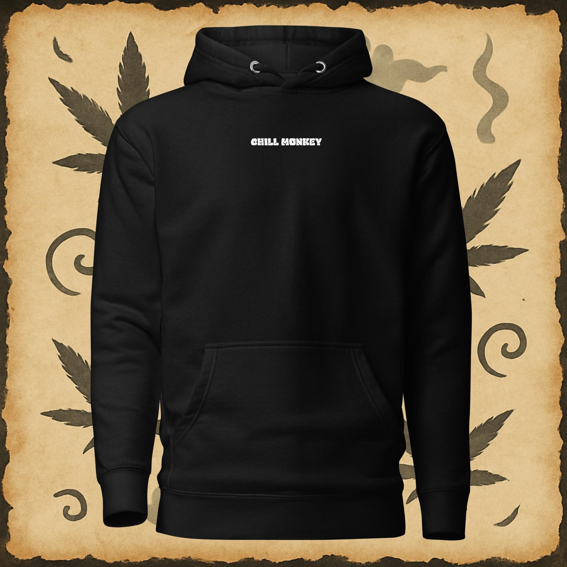 Zen style black hoodie with sumi-e monkey exhaling smoke – Chill Monkey streetwear