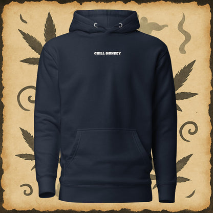Zen style dark blue hoodie with sumi-e monkey exhaling smoke – Chill Monkey streetwear