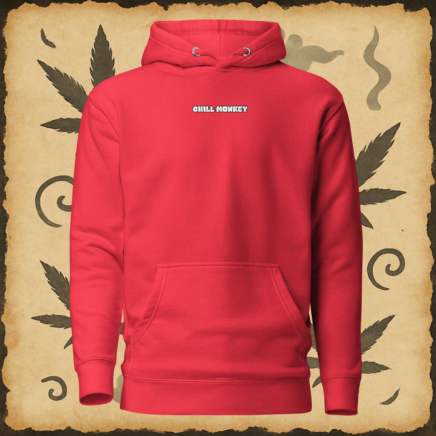 Zen style red hoodie with sumi-e monkey exhaling smoke – Chill Monkey streetwear