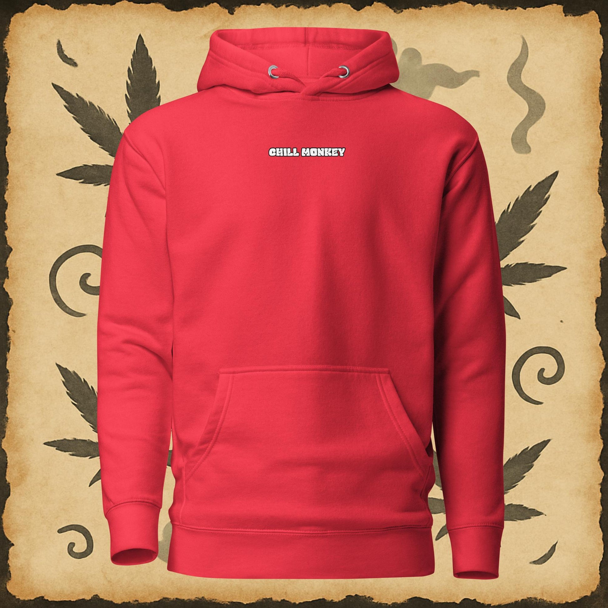 Zen style red hoodie with sumi-e monkey exhaling smoke – Chill Monkey streetwear