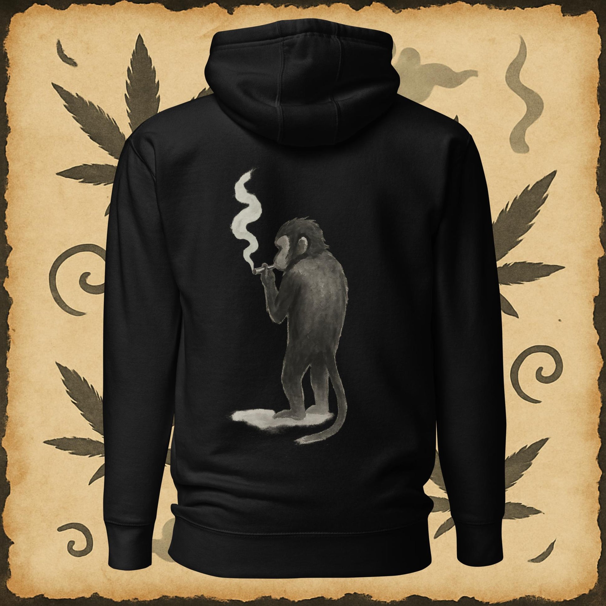 Zen style black hoodie with sumi-e monkey exhaling smoke – Chill Monkey streetwear