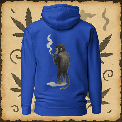 Zen style blue hoodie with sumi-e monkey exhaling smoke – Chill Monkey streetwear